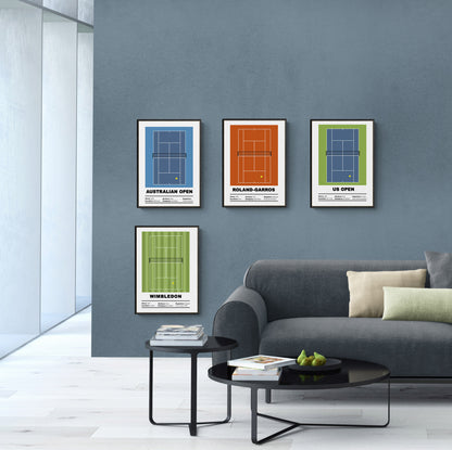 Bring the history of tennis home with these Roland-Garros Tennis Posters! Each poster captures an iconic tennis grand slam tournament, from the gilded courts of the French Open to the hallowed turf of Wimbledon. Available in A5, A4, and A3 sizes, these prints are sure to make you the "ace" of your walls!