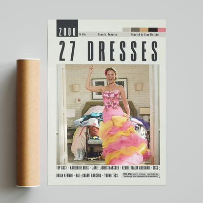 Elevate your movie night with our 27 Dresses poster, featuring a custom and minimalist design of Anne Fletcher's beloved rom-com. Made with vintage retro art print, this wall art decor is available in various sizes and highlights the top cast, duration, director, and most famous scene. A must-have for any movie enthusiast.