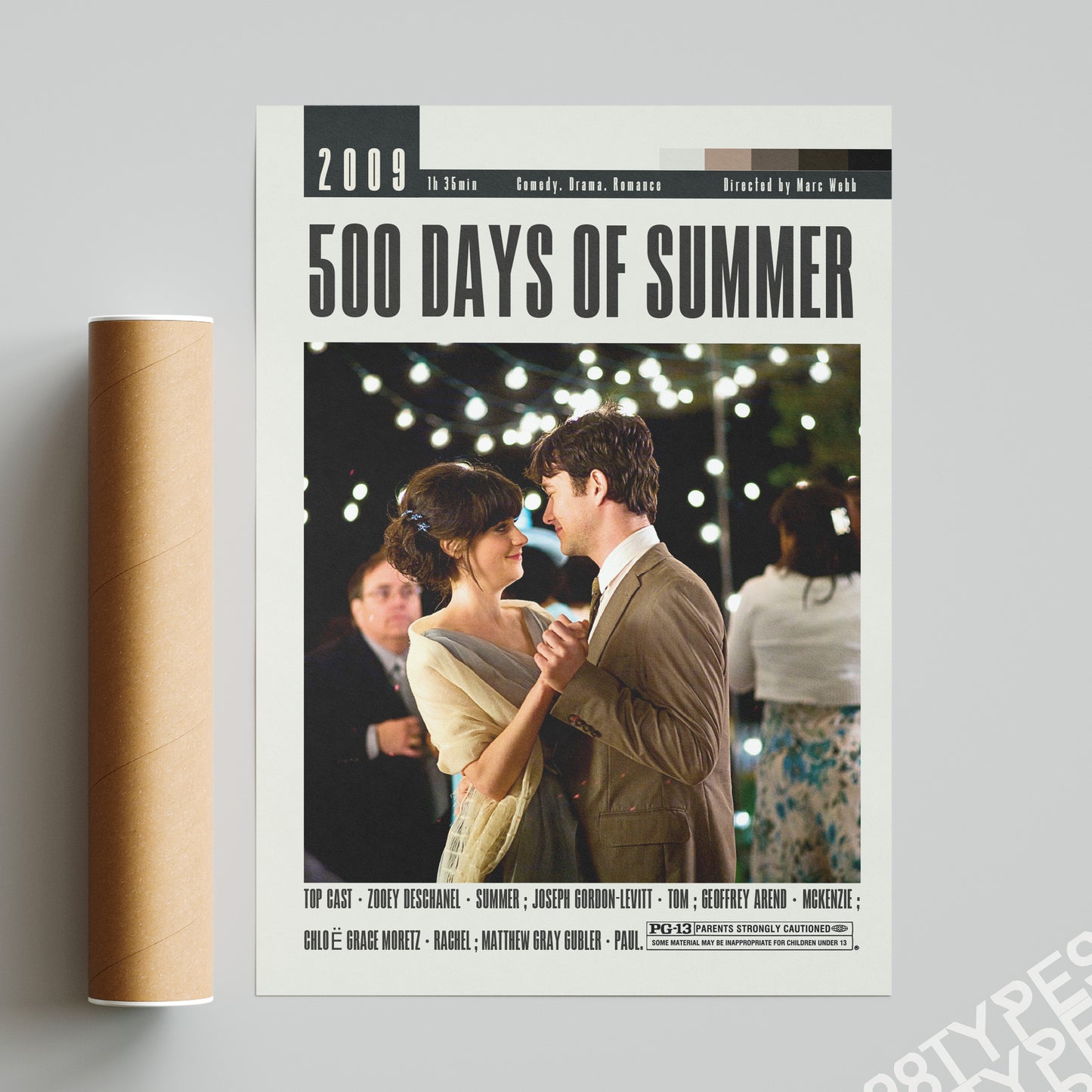 Enhance your movie collection with the 500 Days of Summer poster by Marc Webb. Featuring a sleek, minimalist design, this vintage retro art print will make for a stunning addition to your wall decor. Available in various sizes, this custom movie poster showcases the top cast, duration, and famous scene, all of which make it one of the best movies of all time.