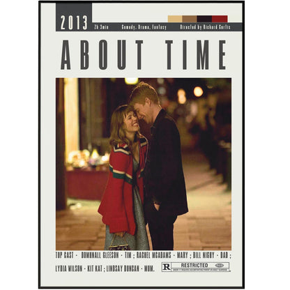 Enhance your movie collection with our About Time Poster featuring 98 different minimalist movie posters from Richard Curtis movies. Enjoy wall art prints of your favorite films in sizes ranging from A6 to A3. Showcasing the top cast, duration, director, and iconic scenes, this vintage retro art print is a must-have for any movie enthusiast.