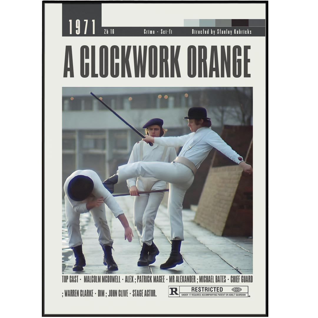 Explore a dystopian world with our A Clockwork Orange poster, featuring iconic imagery from Stanley Kubrick's cult classic film. Perfect for film enthusiasts and collectors alike.