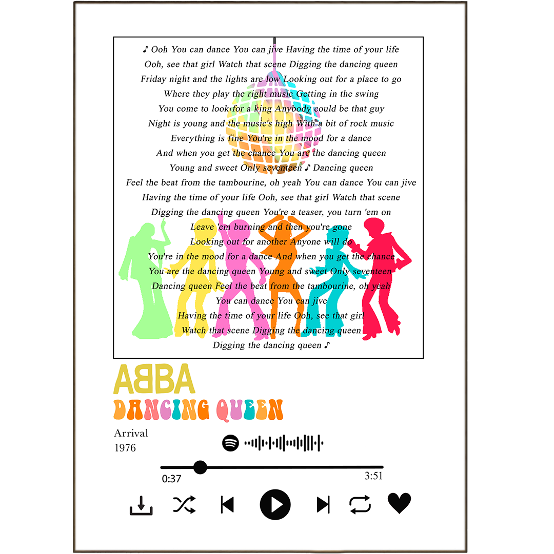This Abba "Dancing Queen" Print is a must-have for music lovers. The print features a song lyric taken from the popular pop song. Enjoy a unique piece of art to decorate your home or office, while also celebrating your favorite artist - all thanks to the song lyric print. Bring the musical experience to life with a Spotify Music Any Song Lyric print.