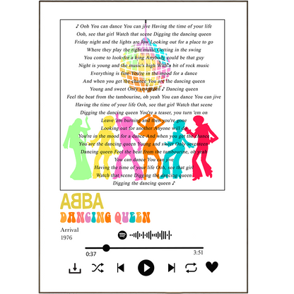 This Abba "Dancing Queen" Print is a must-have for music lovers. The print features a song lyric taken from the popular pop song. Enjoy a unique piece of art to decorate your home or office, while also celebrating your favorite artist - all thanks to the song lyric print. Bring the musical experience to life with a Spotify Music Any Song Lyric print.