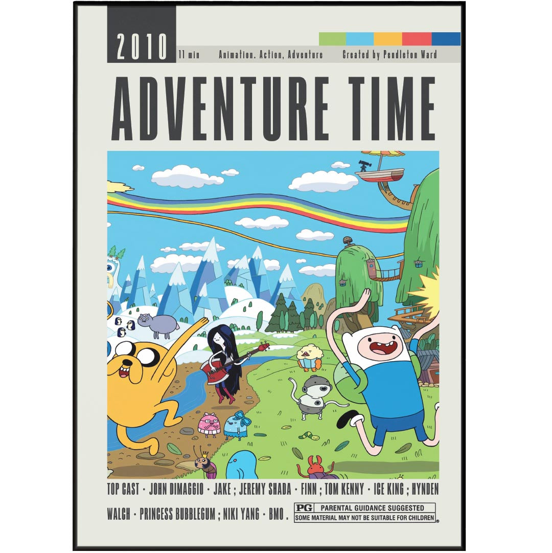 Discover the best movies of all time with our Adventure Time Poster featuring 98 unique and custom designed movie posters. From minimalist to vintage retro art, these wall art prints will add a touch of nostalgia to any space. Available in sizes from A6 to A3, each print highlights the top cast members, director and most famous scene to bring the magic of the movie to life.