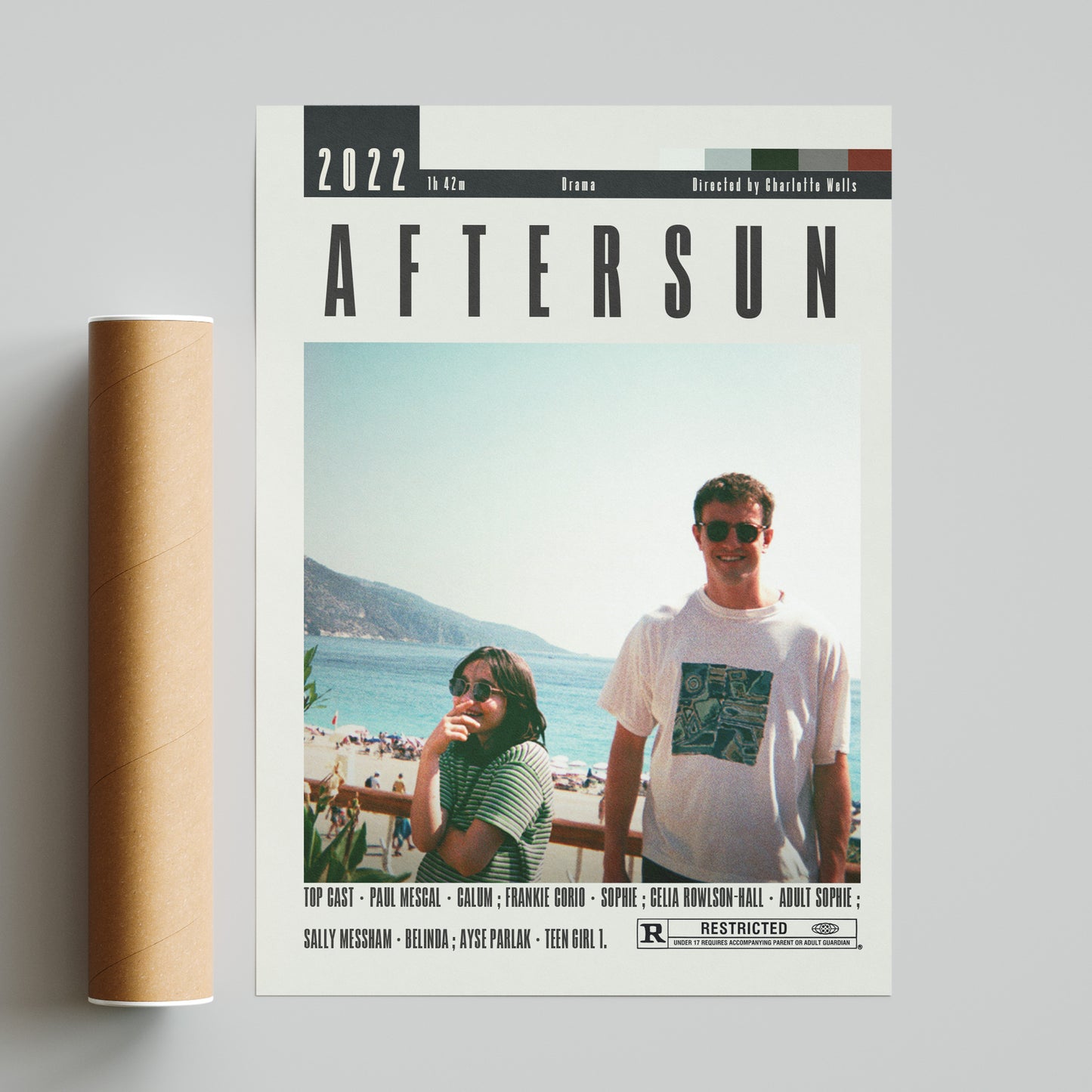 Upgrade your movie poster collection with our Aftersun Poster featuring 98 movie types. Customizable and minimalist, this vintage retro art print is available in sizes from A6 to A3. Showcase your love for cinema with our top cast, duration, director, and most famous scene. Your walls will thank you.