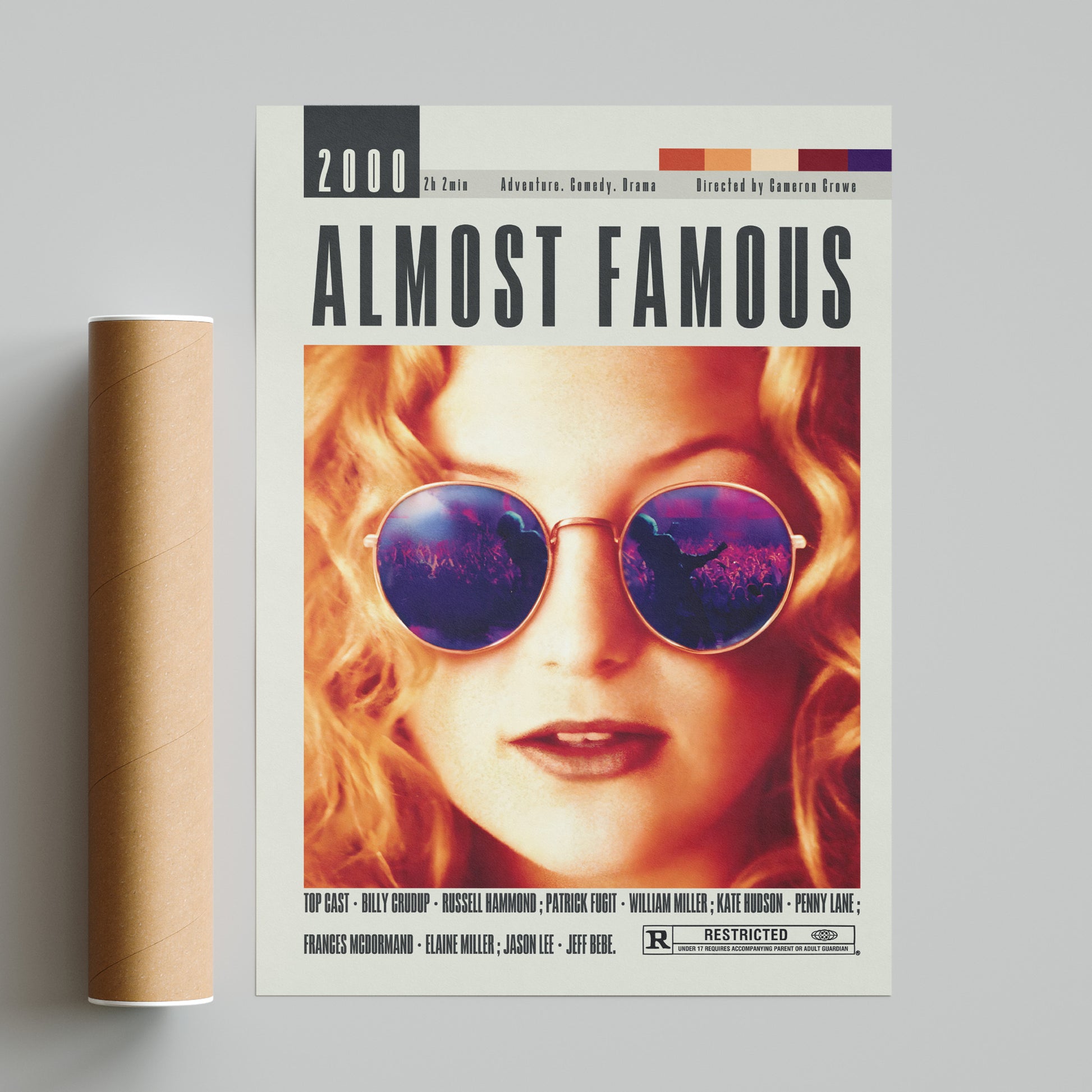This Almost Famous Poster showcases 98 different movie posters from the best Cameron Crowe movies. From iconic scenes to top-notch casts, this vintage retro art print is sure to enhance your wall decor. Available in various sizes, it's the perfect minimalist movie poster for any fan or movie buff.