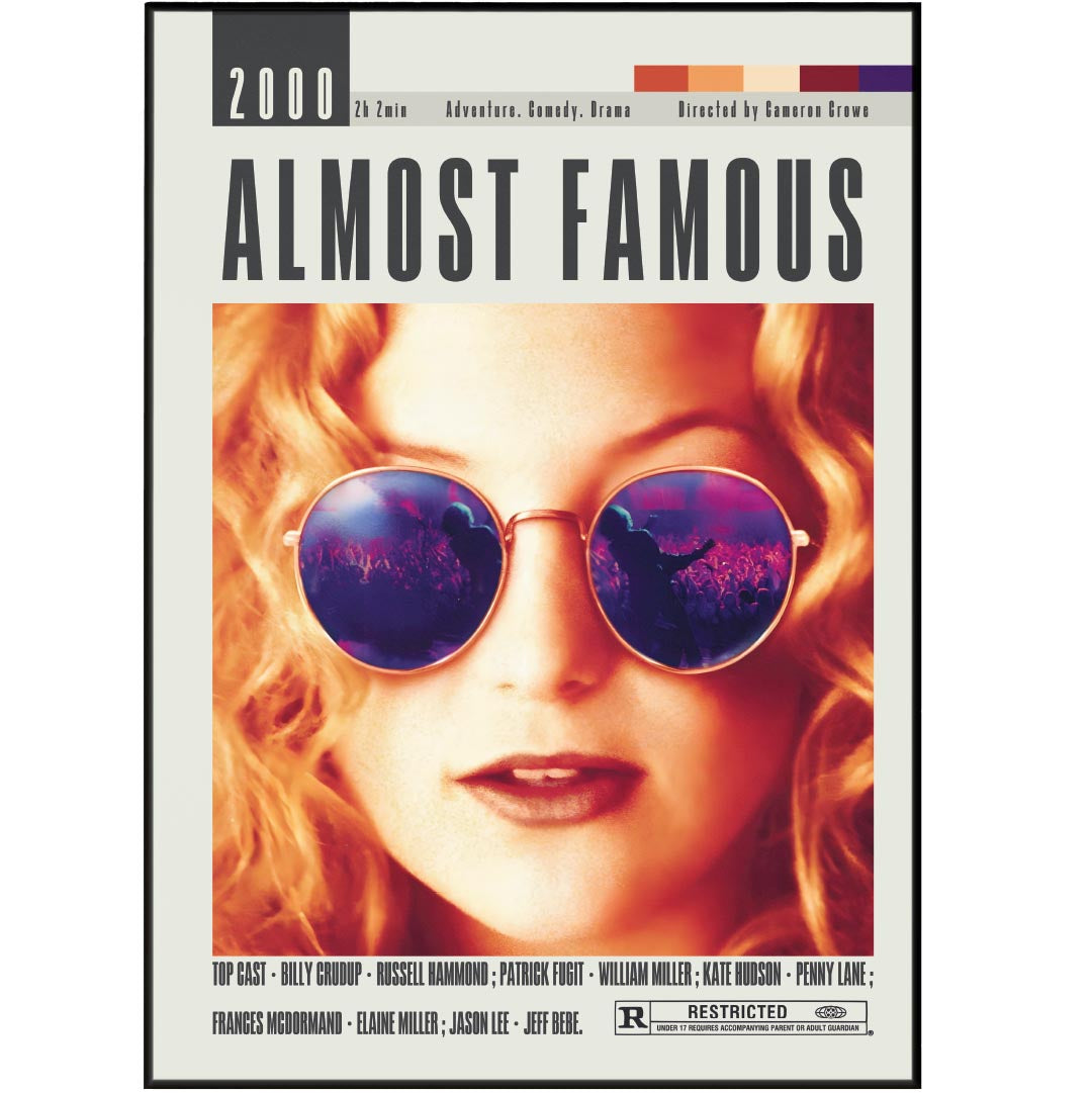 This Almost Famous Poster showcases 98 different movie posters from the best Cameron Crowe movies. From iconic scenes to top-notch casts, this vintage retro art print is sure to enhance your wall decor. Available in various sizes, it's the perfect minimalist movie poster for any fan or movie buff.