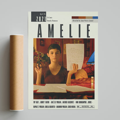 Enhance your home decor with the Amelie Poster by Jean-Pierre Jeunet Films. This custom, minimalist poster features vintage retro art and top cast of the movie. Available in various sizes, it's the perfect addition to any movie lover's collection. Immerse yourself in the best movies of all time with this beautiful wall art print.