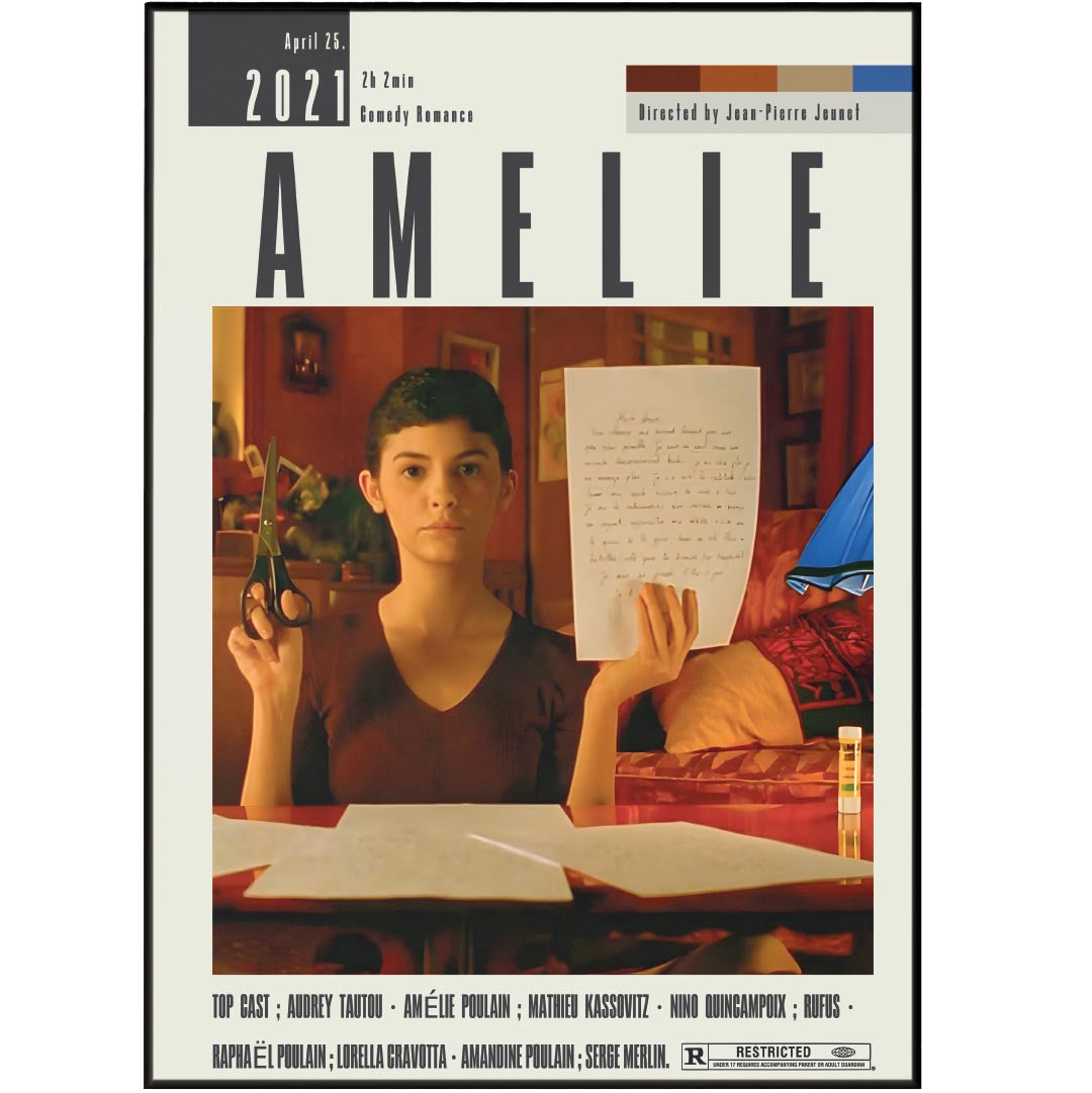 Enhance your home decor with the Amelie Poster by Jean-Pierre Jeunet Films. This custom, minimalist poster features vintage retro art and top cast of the movie. Available in various sizes, it's the perfect addition to any movie lover's collection. Immerse yourself in the best movies of all time with this beautiful wall art print.