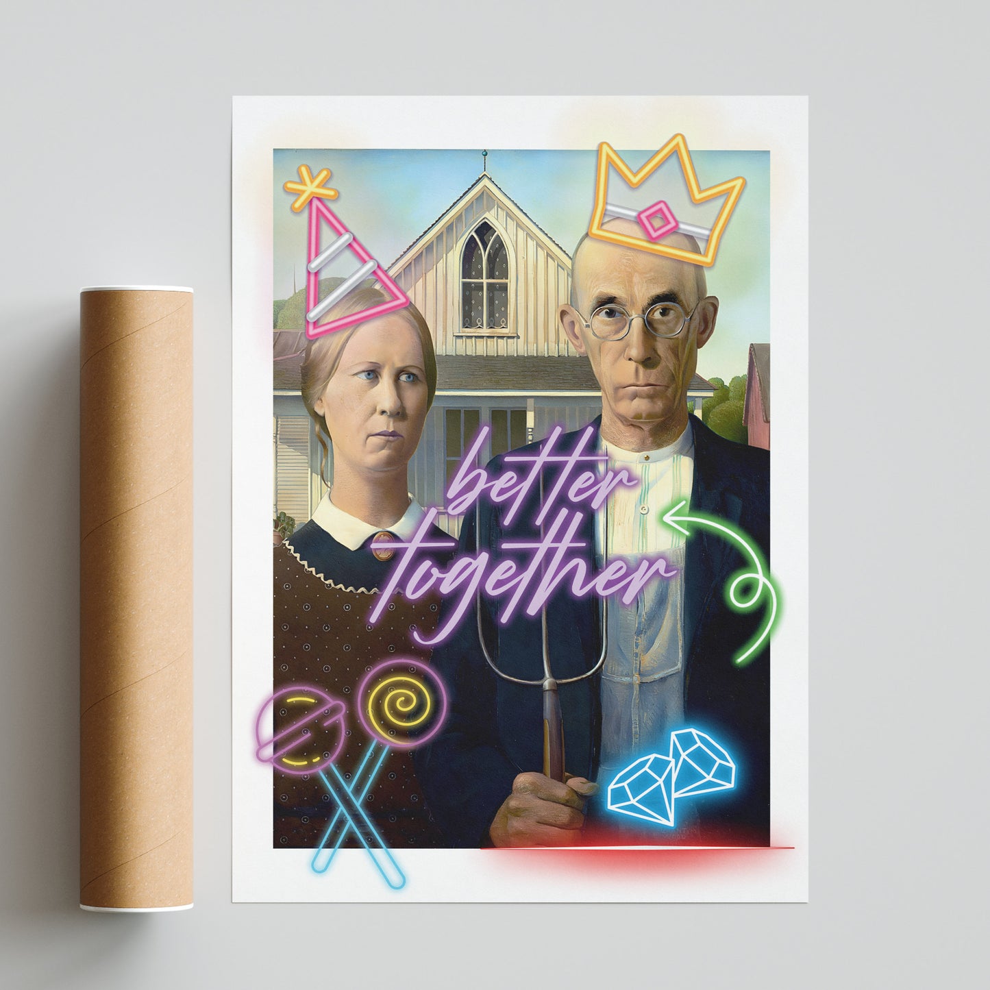 American Gothic Painting Neon Poster