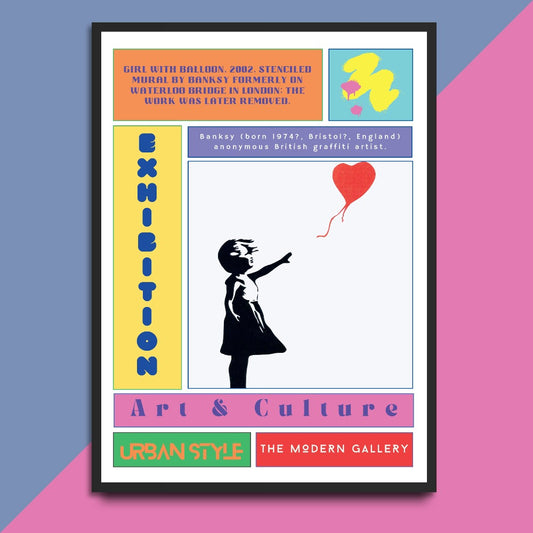 "The BALLON GIRL Street Art Poster features iconic artwork by legendary street artist Banksy. Made famous in London and Bristol, this limited edition poster showcases the unique style and message of Banksy's art. Display it in your home or office to add a touch of urban culture and social commentary to your space."