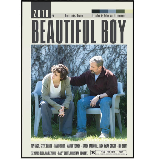 "Decorate your walls with a custom, minimalist movie poster from Felix van Groeningen's film, Beautiful Boy. Choose from a variety of sizes, from A6 to A3, and relive the best moments from the film. Featuring an all-star cast and directed by the talented Felix van Groeningen, this vintage retro art print is a must-have for any movie fan."