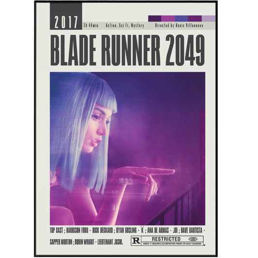Transform your home into a masterpiece with the Blade Runner 2049 Poster. This midcentury modern movie print is the perfect addition to any retro movie wall hanging. Expertly crafted with a minimalist design, this retro movie poster will bring a touch of nostalgia to your space.