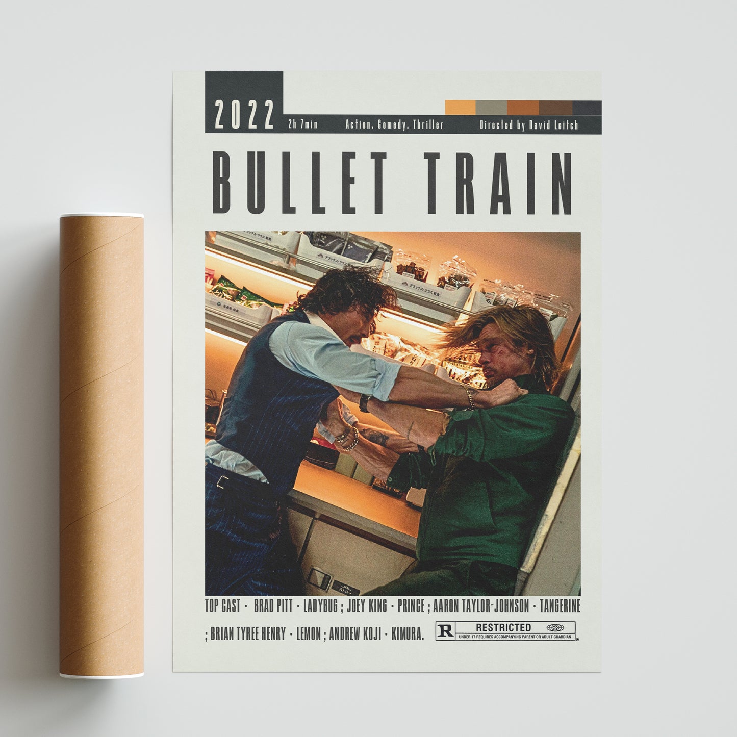 Discover the best movies of all time with our Bullet Train Poster featuring iconic minimalistic designs of 98 types of movie posters. Available in sizes from A6 to A3, this custom wall art print will elevate your decor with vintage retro vibes. Each poster includes top cast, duration, director, and iconic scenes.