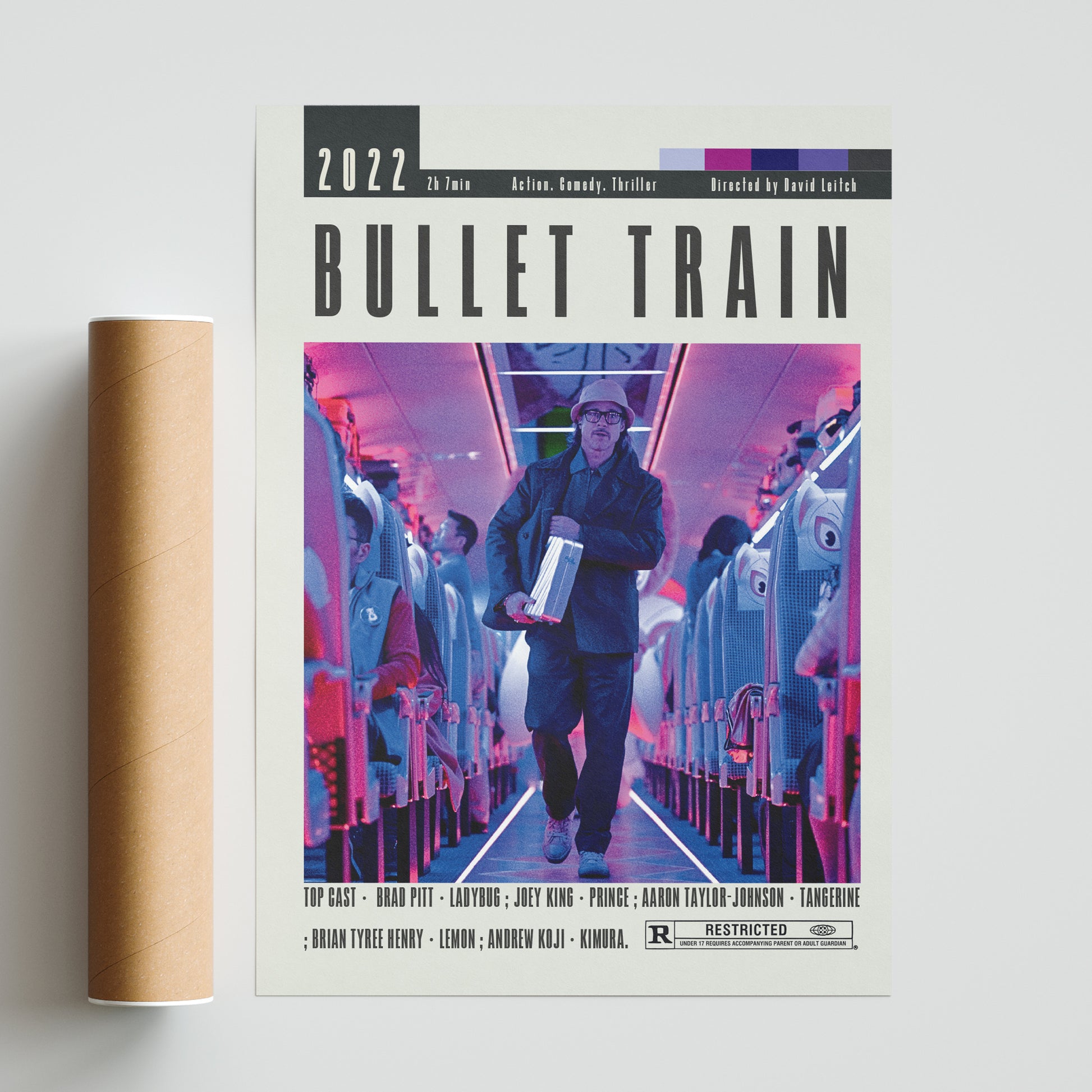 Discover the best movies of all time with our Bullet Train Poster featuring iconic minimalistic designs of 98 types of movie posters. Available in sizes from A6 to A3, this custom wall art print will elevate your decor with vintage retro vibes. Each poster includes top cast, duration, director, and iconic scenes.