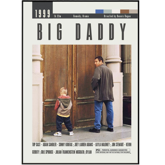 Enhance your home or office decor with our Big Daddy poster, featuring a minimalist design and vintage retro art style. Displaying the top cast, duration, and director of the film, this custom movie poster is a must-have for any movie enthusiast. Available in various sizes, from A6 to A3, this wall art print is a perfect addition to your collection of the best movies of all time.