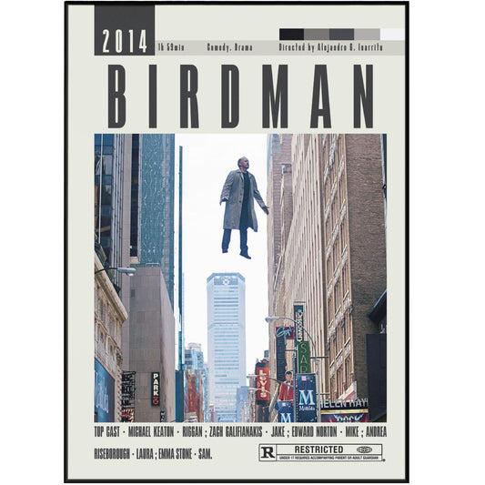 Enhance your wall decor with the exquisite Birdman poster featuring the renowned Alejandro G. Iñárritu movie. This customizable minimalist print showcases the top cast and famous scenes of the 98 types of movies, available in various sizes from A6 to A3. Upgrade your space with this vintage retro art, inspired by one of the best movies of all time.