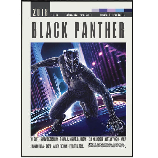 Enhance your home decor with our custom Black Panther poster, highlighting the best movies of all time. Featuring a minimalist design and vintage retro art print, this wall art print is available in sizes A6 to A3. With 98 types of movie posters to choose from, including the top cast, director, and most famous scene, this is a must-have for any movie enthusiast.