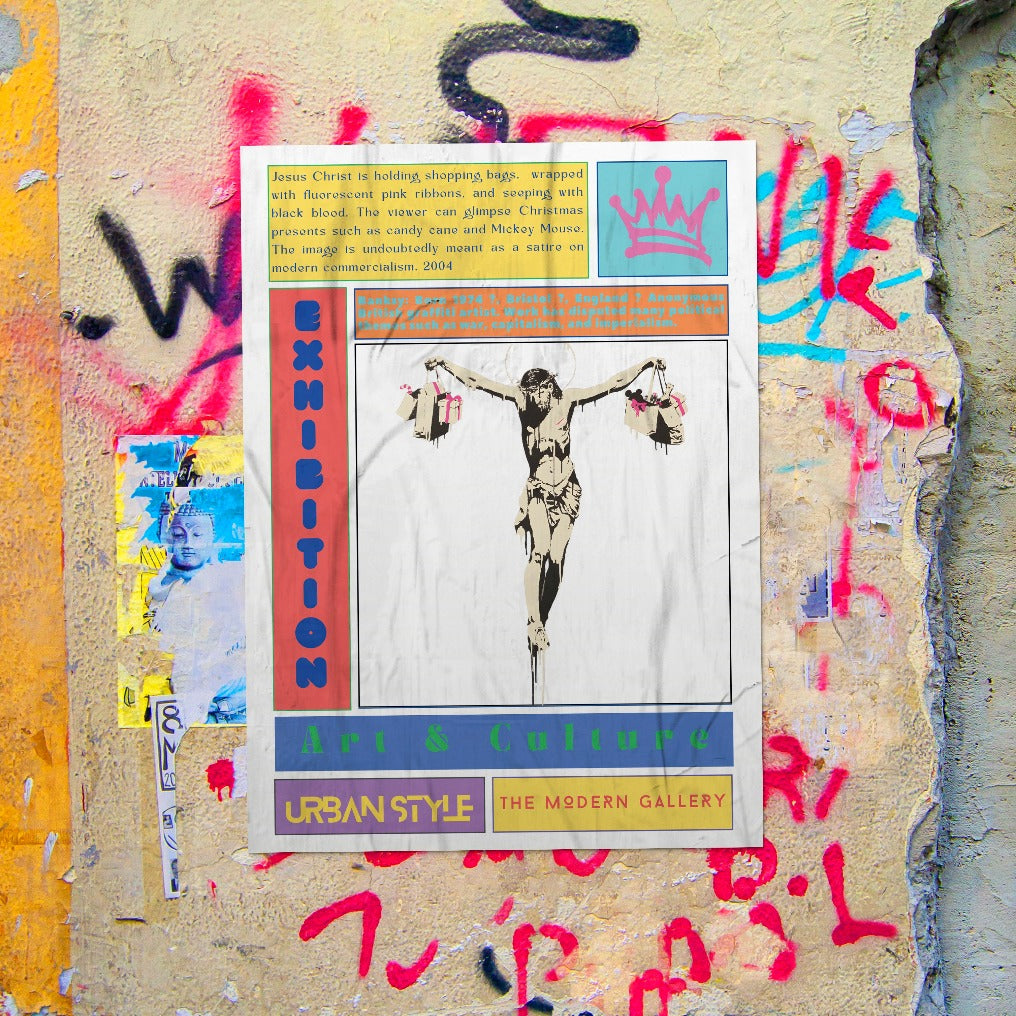 Discover the captivating world of street art with this striking Christ with Shopping Bags poster, featuring the iconic work of the renowned artist Banksy. Let this thought-provoking piece add a touch of urban artistry to your space. Show your appreciation for the art of Banksy and his infamous street art locations in London and Bristol.