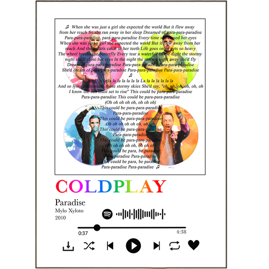 Show off your love for Coldplay's hit song "Paradise" with this Paradise Print! Featuring lyrics from the iconic song, you can stay living in music heaven with these song lyric prints. Personalize these song lyric posters by choosing any song you want from your favorite Spotify artist and show it off for the world to see! Get ~lyric*al~ with these rad lyric prints!