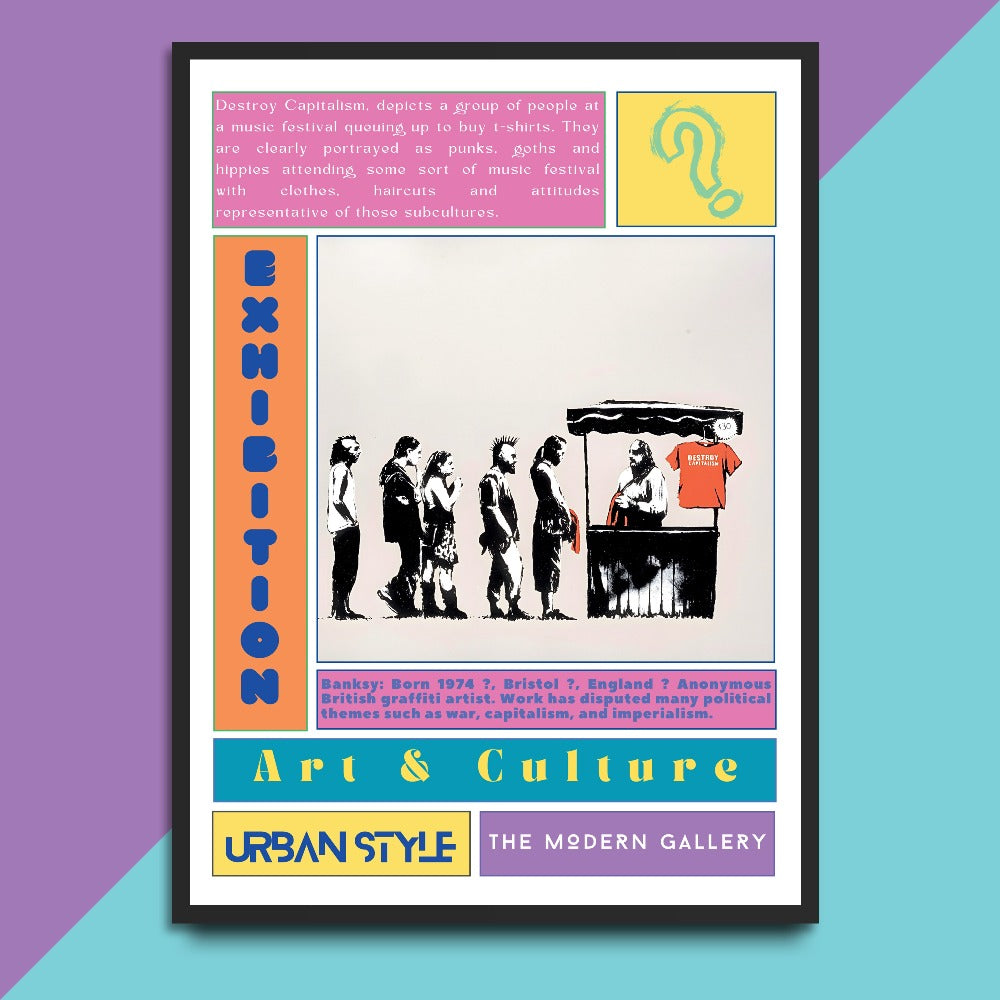 Experience the power of street art with our Destroy Capitalism poster. Showcasing a rebellious scene of music festival-goers rejecting traditional capitalism, this statement piece is perfect for those who challenge the status quo. Join the subcultures and embrace a new perspective with our unique and thought-provoking poster.
