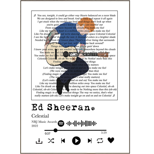 These Ed Sheeran Celestial Prints are out of this world! Add a touch of celestial beauty to any decor with this exclusive collection of song lyric prints -- your favorite Ed Sheeran tunes, personalized to perfection and framed in style. From custom Spotify Music prints to unique lyric posters, you'll be singing in style!