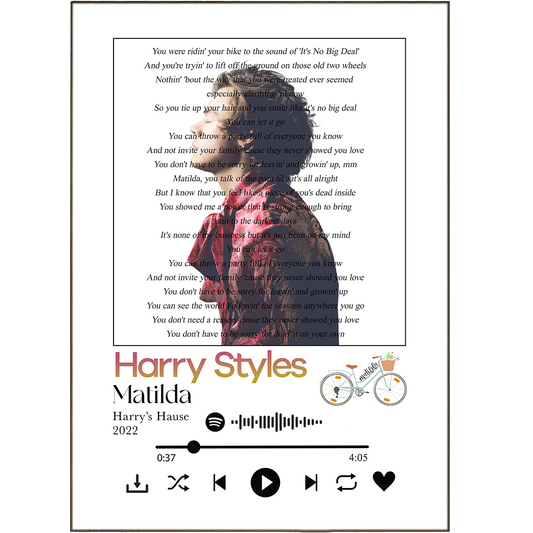 The perfect gift for any Harry Styles fan! Get your hands on these amazing song lyric prints that are sure to make any room pop! Don't just settle for any old lyrics -- personalize your own prints with Spotify Music featuring any song lyric of your choice! Add a subtle touch of style and personality to your walls with this song print art, and you won't be disappointed. Get grooving with Harry Styles' Matilda prints!