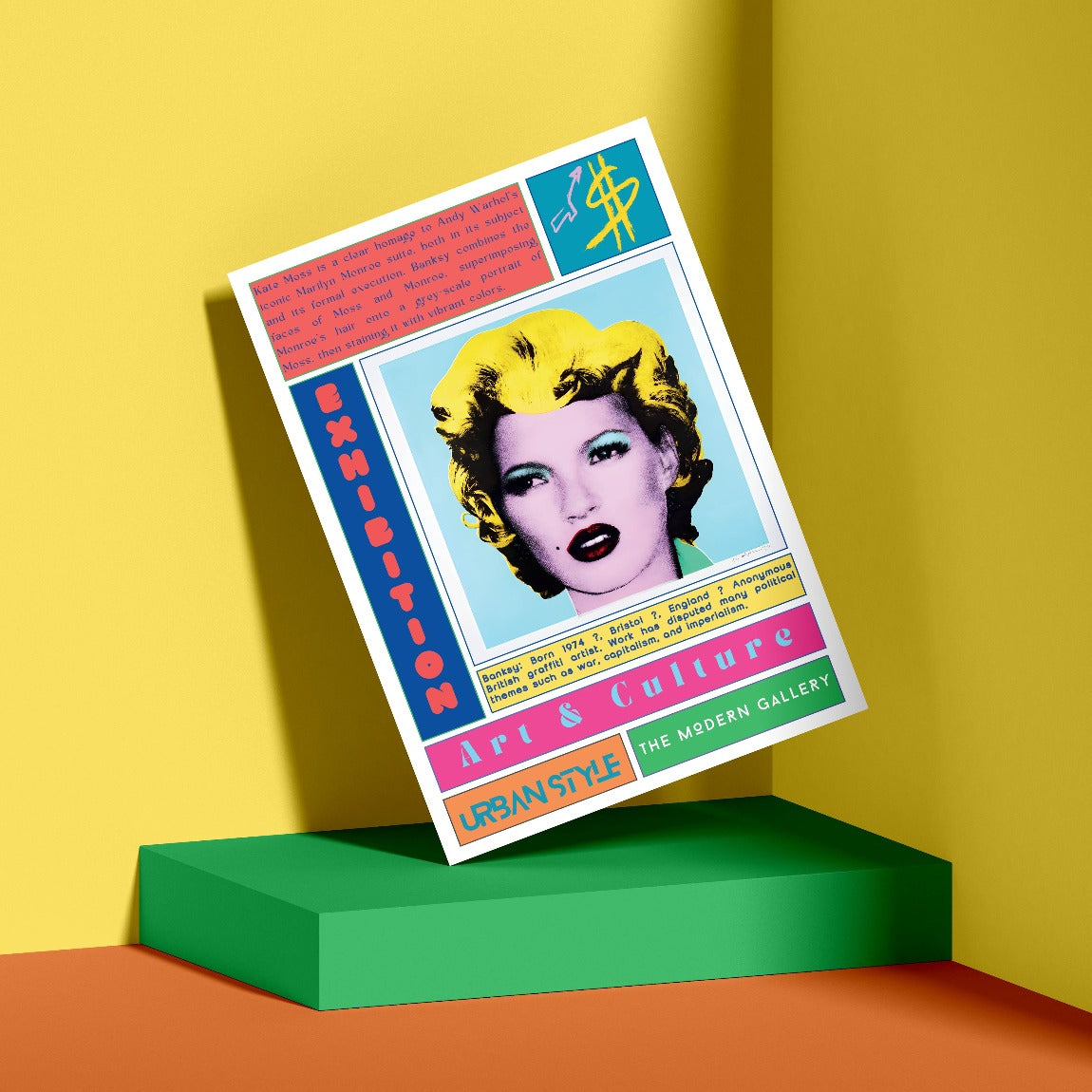 The Kate Moss Street Art Poster pays homage to the iconic Marilyn Monroe suite by Andy Warhol. Banksy combines Moss and Monroe's faces, superimposing Monroe's hair onto a grey-scale portrait of Moss and adding vibrant stains. A must-have for art enthusiasts and fans of both models.