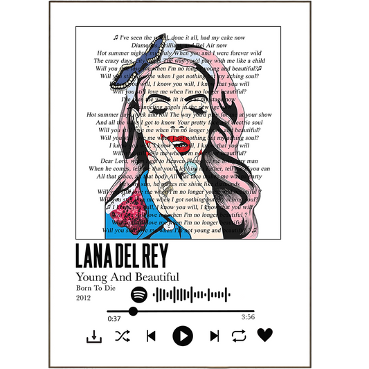 Liven up your walls with Lana del Rey's timeless lyrics! With her classic song lyric prints, you can add a personal touch to your home, with an option to personalise Spotify music lyrics to your liking. Show the world you're young and beautiful and make a statement with these unique lyric prints!
