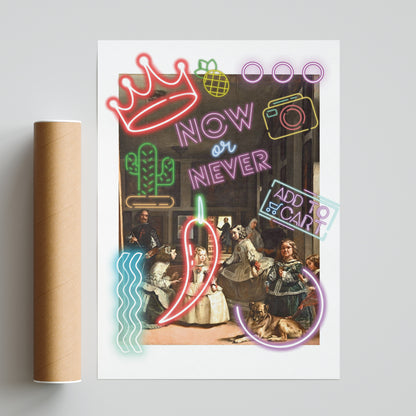 View the stunning radiance of the Las Meninas Painting Neon Poster, created by acclaimed master Diego Velázquez of light and color. Delve into the rich history of art and discover the brilliance of famous painters. A must-have for any art enthusiast's collection.