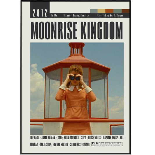 Explore the unique and whimsical world of Wes Anderson with our Moonrise Kingdom movie poster. Featuring custom, minimalist art, this vintage-inspired poster comes in various sizes, perfect for any wall. Celebrate the best movies of all time with this original and stylish wall art print.