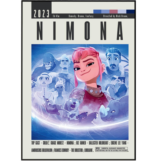 Transform your space into a cinema with the Nimona Poster from Nick Bruno Movies. This original movie poster features vintage retro art and a minimalist design, available in sizes from A6 to A3. Elevate your movie nights with our custom movie poster and impress fellow cinephiles.