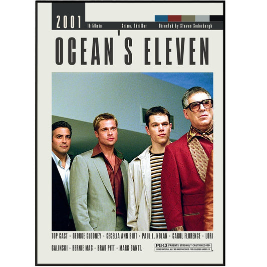 Experience the magic of Steven Soderbergh's iconic heist film with our Ocean's Eleven Poster. Featuring vintage movie art, our custom minimalist design highlights the best movies of all time. Available in sizes from A6 to A3, this wall art print is the perfect addition to any movie lover's collection.