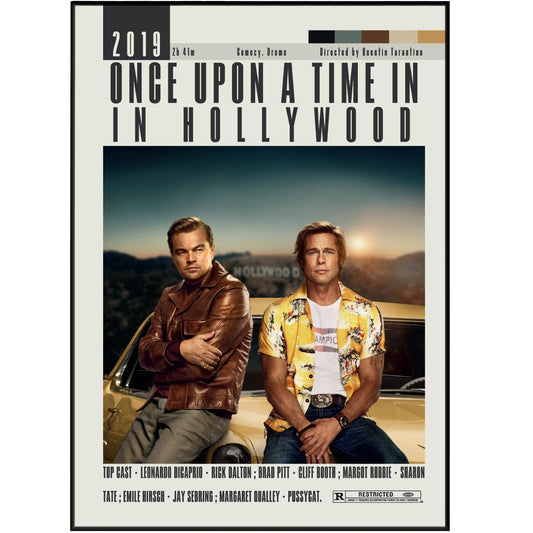 Decorate your walls with vintage movie posters of Quentin Tarantino's famous films, including Once Upon a Time in Hollywood. Different sizes available for a perfect fit in your space. Bring a touch of retro art to your home with this custom minimalist movie poster. Expertly made with high-quality materials.