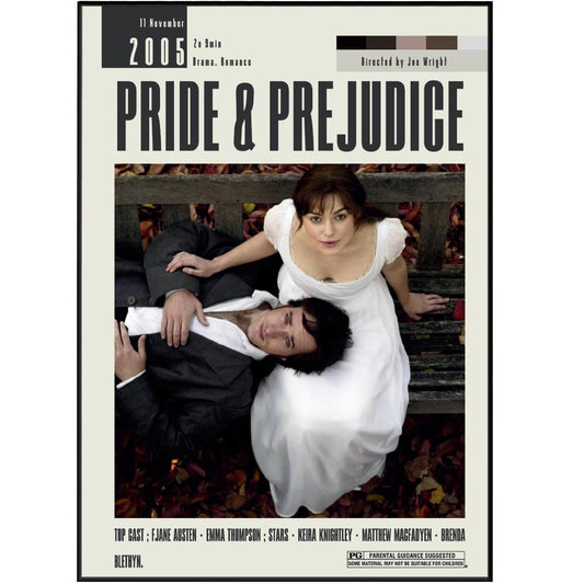 Transform your home into a piece of art with the Pride & Prejudice Poster. Featuring iconic midcentury style and retro movie art, this poster is the perfect addition to your modern space. Elevate your movie night experience with this unique and minimal movie art piece.