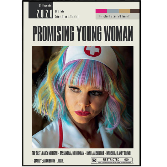 Get ready to elevate your movie-watching experience with the Promising Young Woman poster from Emerald Fennell Films. With its original and vintage design, this large movie art poster is the perfect addition to any midcentury modern home. Available in various sizes and featuring minimalist movie art, this custom print is a must-have for any cinema lover. Get yours now!