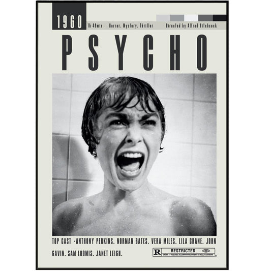 Transform your walls with our Psycho Poster, featuring original and large movie art posters that add a touch of vintage and retro art to your space. Choose from a variety of sizes, perfect for midcentury modern decor. Elevate your movie night with our minimalist and custom movie posters.