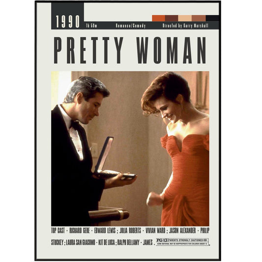 Bring vintage Hollywood charm into your home with the Pretty Woman Poster. Featuring a mid-century modern design, this minimalistic movie print is the perfect addition to any retro-inspired decor. Add a touch of nostalgia to your walls with this retro movie wall hanging.