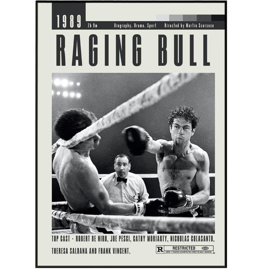 This Raging Bull poster showcases the best of Martin Scorsese with original, vintage art inspired by the iconic movie. Available in sizes from A6 to A3, this midcentury modern print adds a stylish touch to any room and is a must-have for fans of classic cinema.