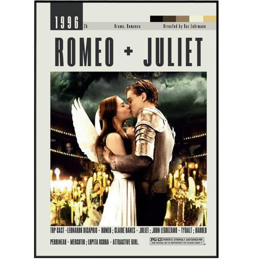 Add some vintage flair to your home with these custom movie posters from Baz Luhrmann's iconic film "Romeo + Juliet." Available in sizes from A6 to A3, these minimalist art prints showcase the best of mid-century cinema. Elevate your wall decor with this unique and stylish retro movie art.