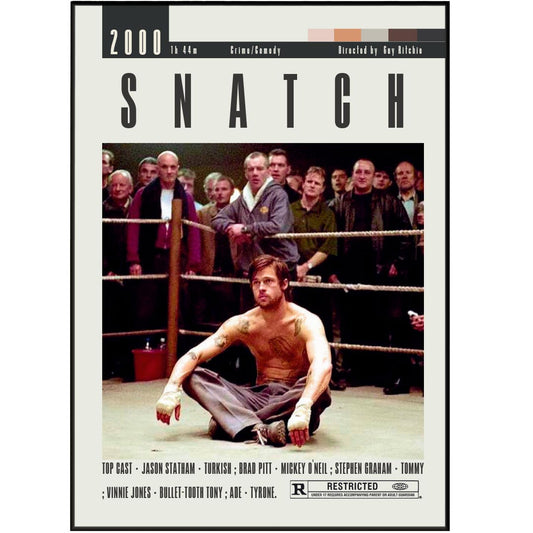 Introducing our Snatch Poster, featuring original movie art in various sizes from A6 to A3. Showcase your love for Guy Ritchie films with this custom, unframed print. Elevate your wall decor with this minimalist, vintage-inspired art print that celebrates some of the best movies of all time.