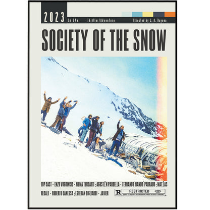 Introducing the Society of the Snow Poster, featuring 98 iconic movie posters from J.A.Bayona's films. Customizable and minimalist in design, this wall art print adds a vintage touch to your decor. Choose from A6 to A3 sizes and showcase the best movies of all time. Includes top cast, duration, director, and memorable scenes.