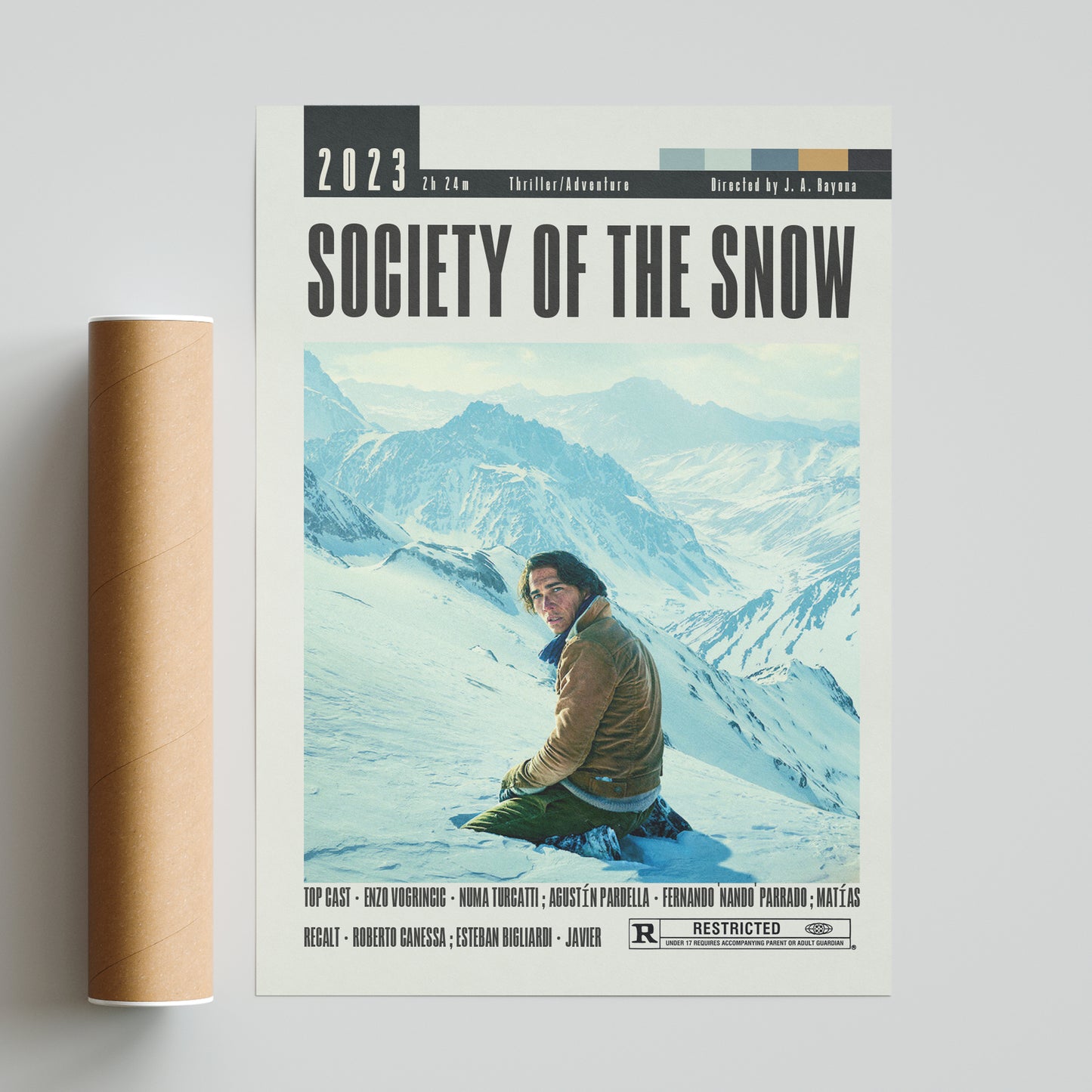 Introducing the Society of the Snow Poster, featuring 98 iconic movie posters from J.A.Bayona's films. Customizable and minimalist in design, this wall art print adds a vintage touch to your decor. Choose from A6 to A3 sizes and showcase the best movies of all time. Includes top cast, duration, director, and memorable scenes.