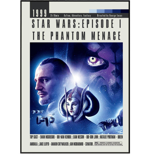 Get the original Star Wars The Phantom Menace Poster to add to your movie art collection. This unframed vintage poster in custom sizes from A6 to A3 is a must-have for any film enthusiast. Add a touch of minimalist retro art to your wall with this top-rated movie print by George Lucas.