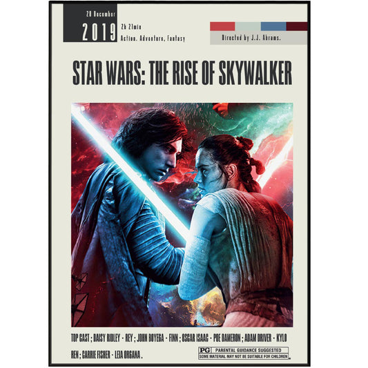 Experience the thrilling conclusion to the Star Wars saga with our original movie poster for The Rise of Skywalker. Featuring vintage retro art and minimalist design, this unframed poster is available in various sizes and makes the perfect addition to any movie art collection. Add it to your wall and feel the force.