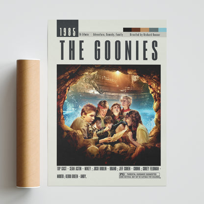 Enhance your movie collection with original and cheap vintage posters from The Goonies, directed by Richard Donner. Featuring large and unframed movie art posters, add a touch of retro to your wall with our custom and minimalist designs. Expertly printed in the UK, these posters are the perfect addition to any movie lover's home.