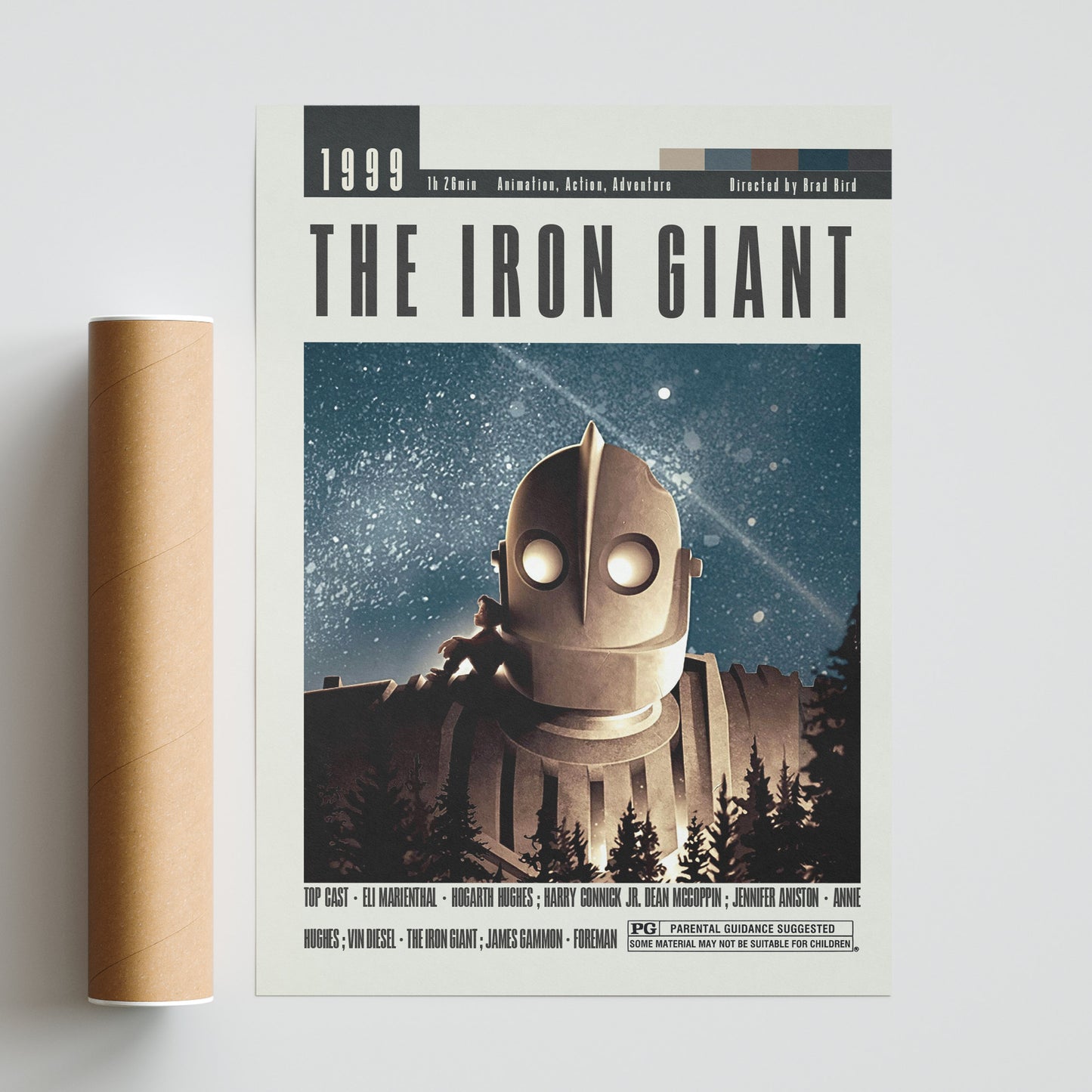 "The Iron Giant Poster is the perfect addition to your mid-century modern home. Featuring iconic retro movie art from Brad Bird's classic film, this cinema print is a must-have for movie lovers and design enthusiasts alike. Add a touch of nostalgia and style to your walls with this mid-century movie wall decor."
