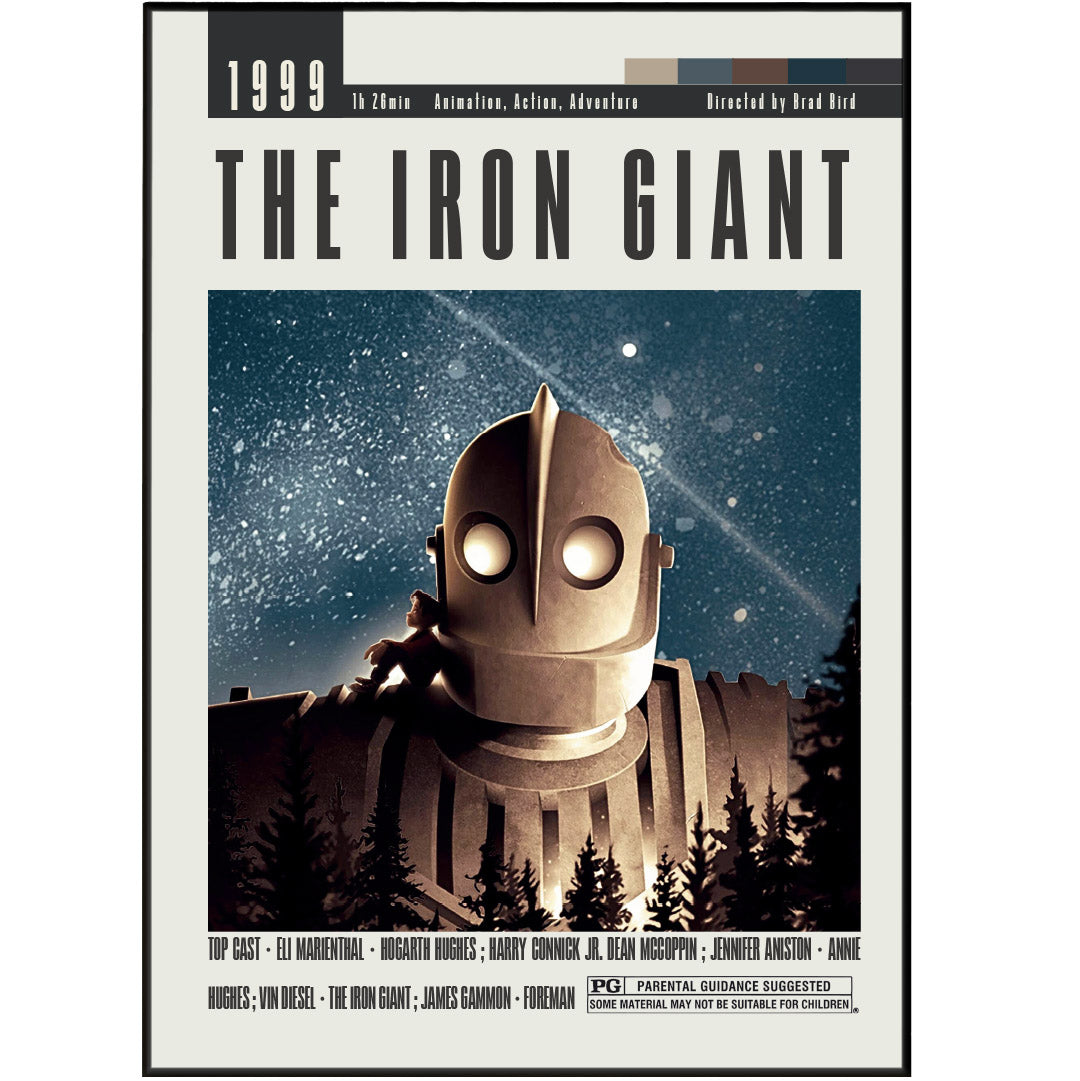 Add some retro movie magic to your home with The Iron Giant poster. Celebrating the best movies of all time, this midcentury movie wall decor is perfect for any cinephile's collection. The minimal movie art captures the Hollywood charm of Brad Bird's masterpiece. Make a statement with this retro movie poster.