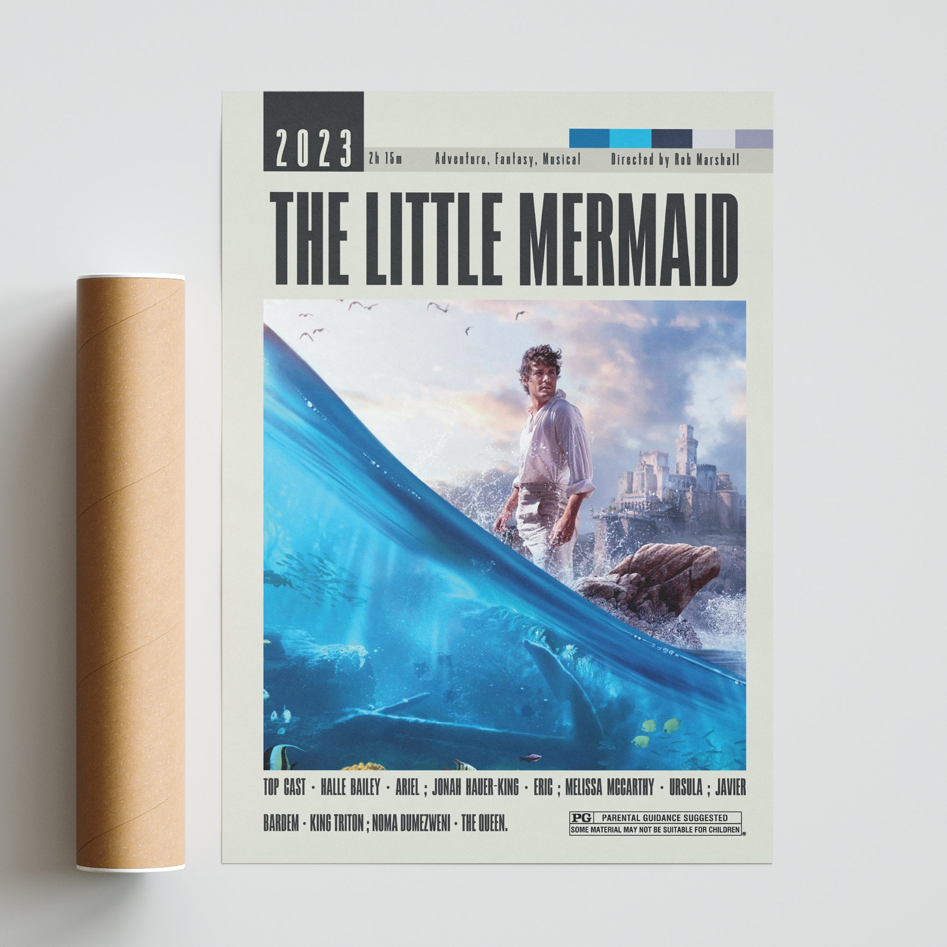 This Little Mermaid poster features a beautiful and unique design that captures the essence of the classic Rob Marshall film. Printed on high-quality paper, this vintage-style poster adds a touch of nostalgia to any wall. With its minimalist style, it's sure to be a conversation starter. Perfect for any movie fan or collector.