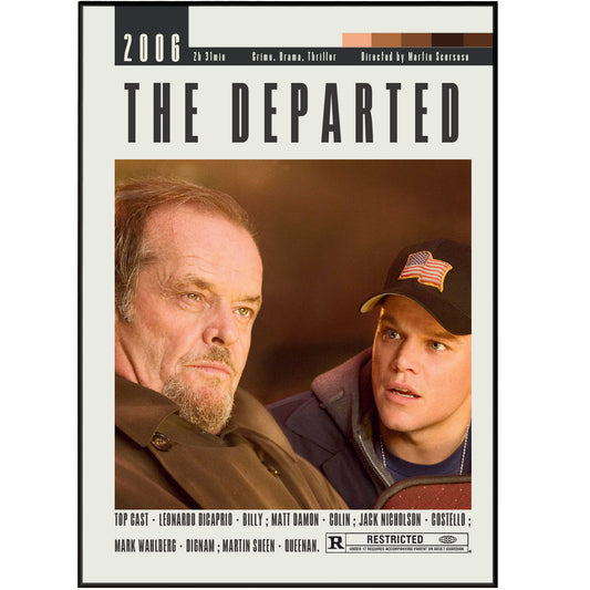  Expertly curated and exclusively available at our online store, "The Departed" posters feature original movie artwork that will bring a touch of vintage charm to any space. With a minimalist design, these unframed prints highlight the best of Martin Scorsese's critically acclaimed films. A must-have for any movie buff.